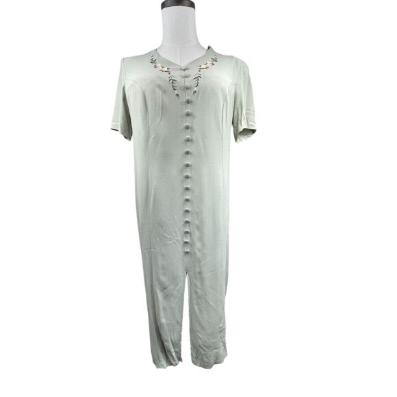 VTG 80s Sage Maxi Dress L Floral Embroidered Cottage Boho Teacher Modest Office - Picture 1 of 8